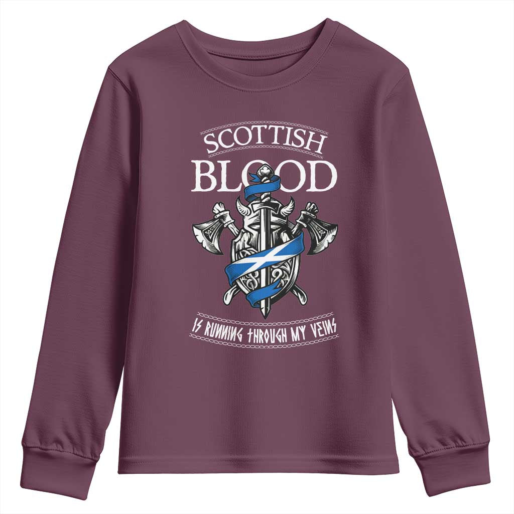 Scottish Blood Running Through My Veins Youth Sweatshirt Viking Axe and Sword Heritage TS02 Maroon Print Your Wear
