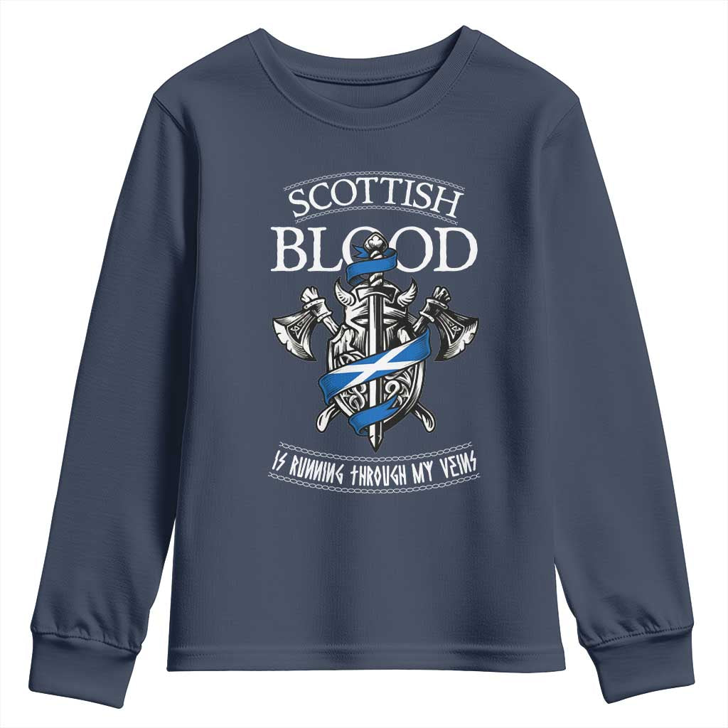 Scottish Blood Running Through My Veins Youth Sweatshirt Viking Axe and Sword Heritage TS02 Navy Print Your Wear