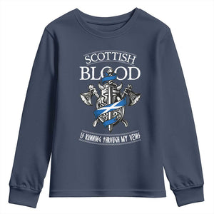 Scottish Blood Running Through My Veins Youth Sweatshirt Viking Axe and Sword Heritage TS02 Navy Print Your Wear
