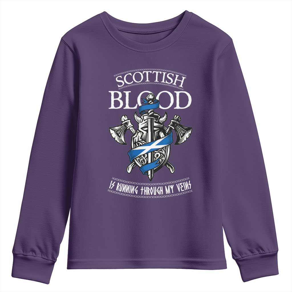 Scottish Blood Running Through My Veins Youth Sweatshirt Viking Axe and Sword Heritage TS02 Purple Print Your Wear