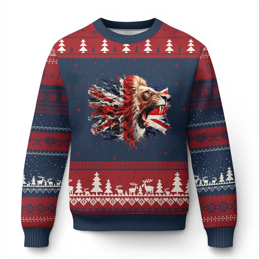 Roaring British Lion Flag Ugly Christmas Sweater Union Jack UK Pride TS02 Navy Red Print Your Wear