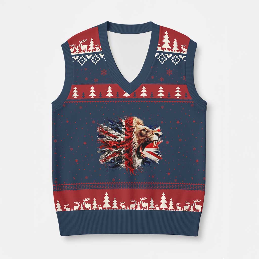 Roaring British Lion Flag V-Neck Knit Sweater Vest Union Jack UK Pride TS02 Navy Red Print Your Wear