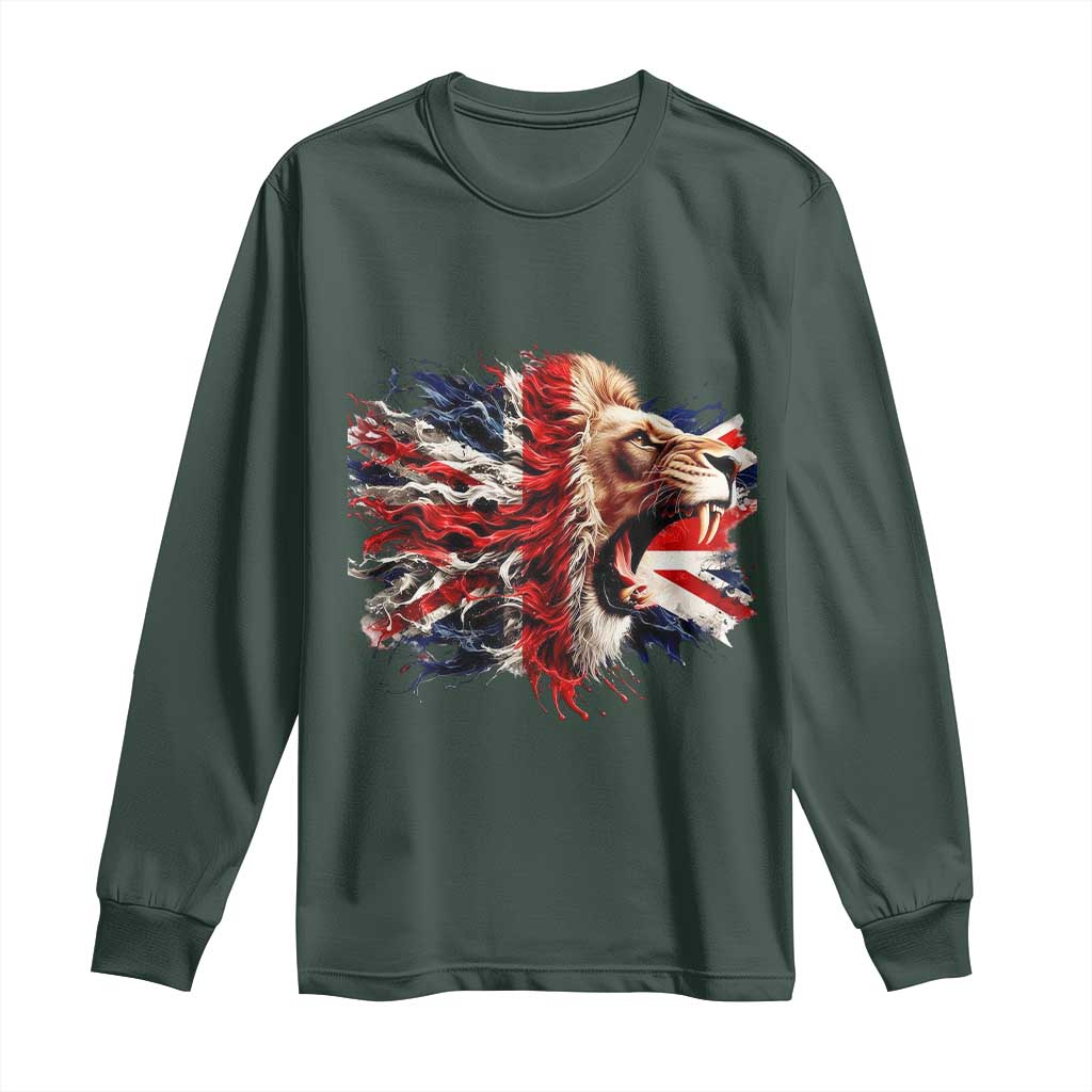Roaring British Lion Flag Long Sleeve Shirt Union Jack UK Pride TS02 Dark Forest Green Print Your Wear