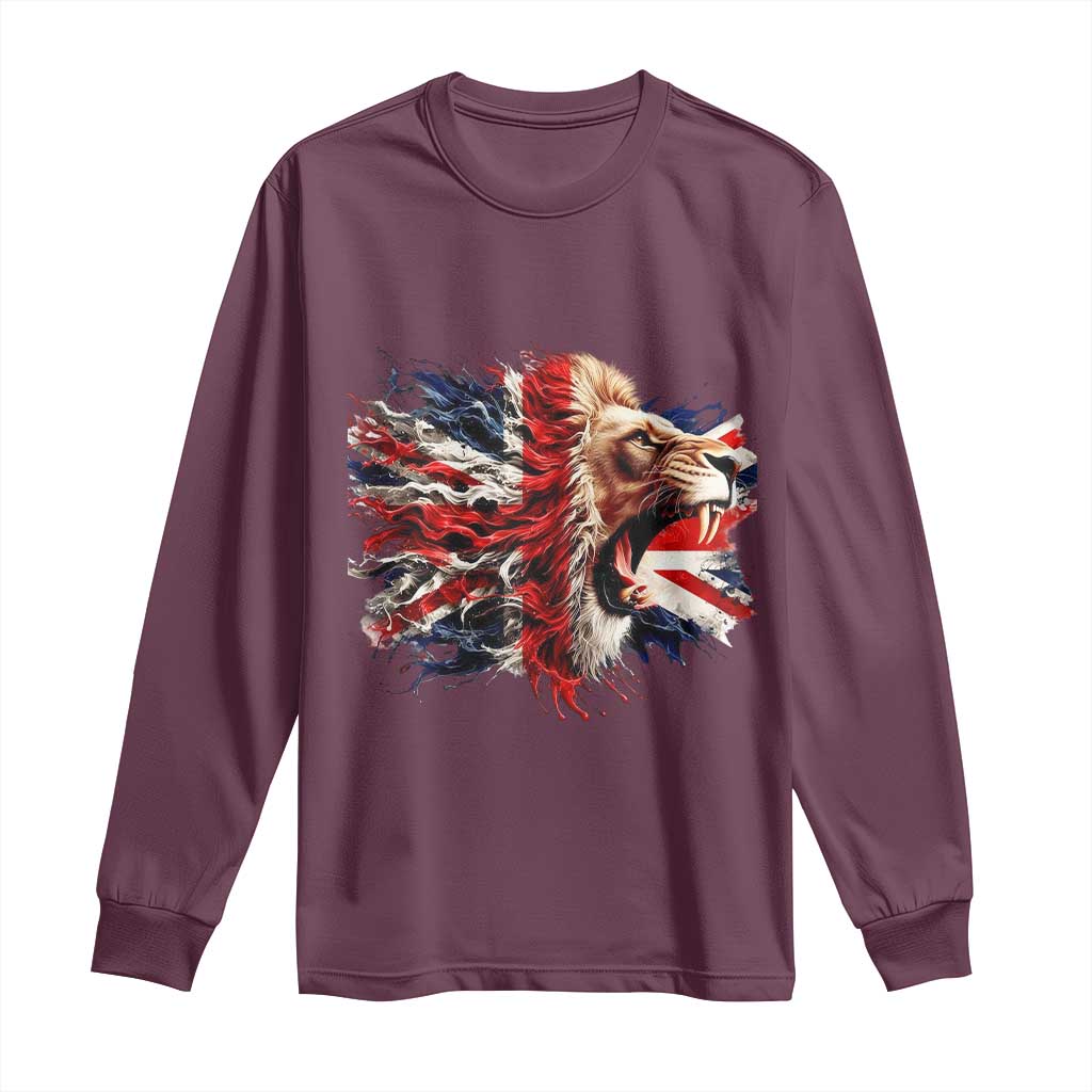 Roaring British Lion Flag Long Sleeve Shirt Union Jack UK Pride TS02 Maroon Print Your Wear