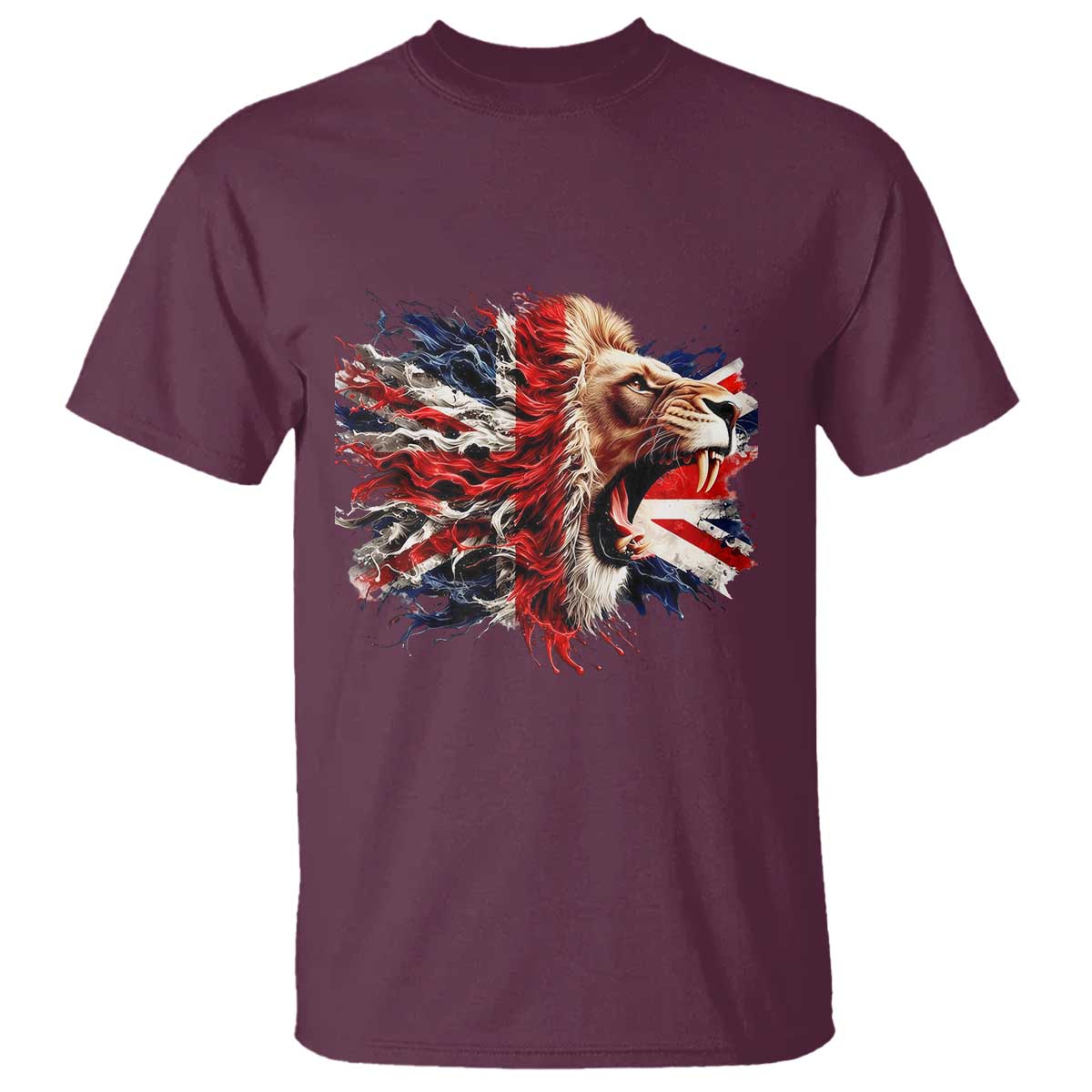 Roaring British Lion Flag T Shirt Union Jack UK Pride TS02 Maroon Print Your Wear