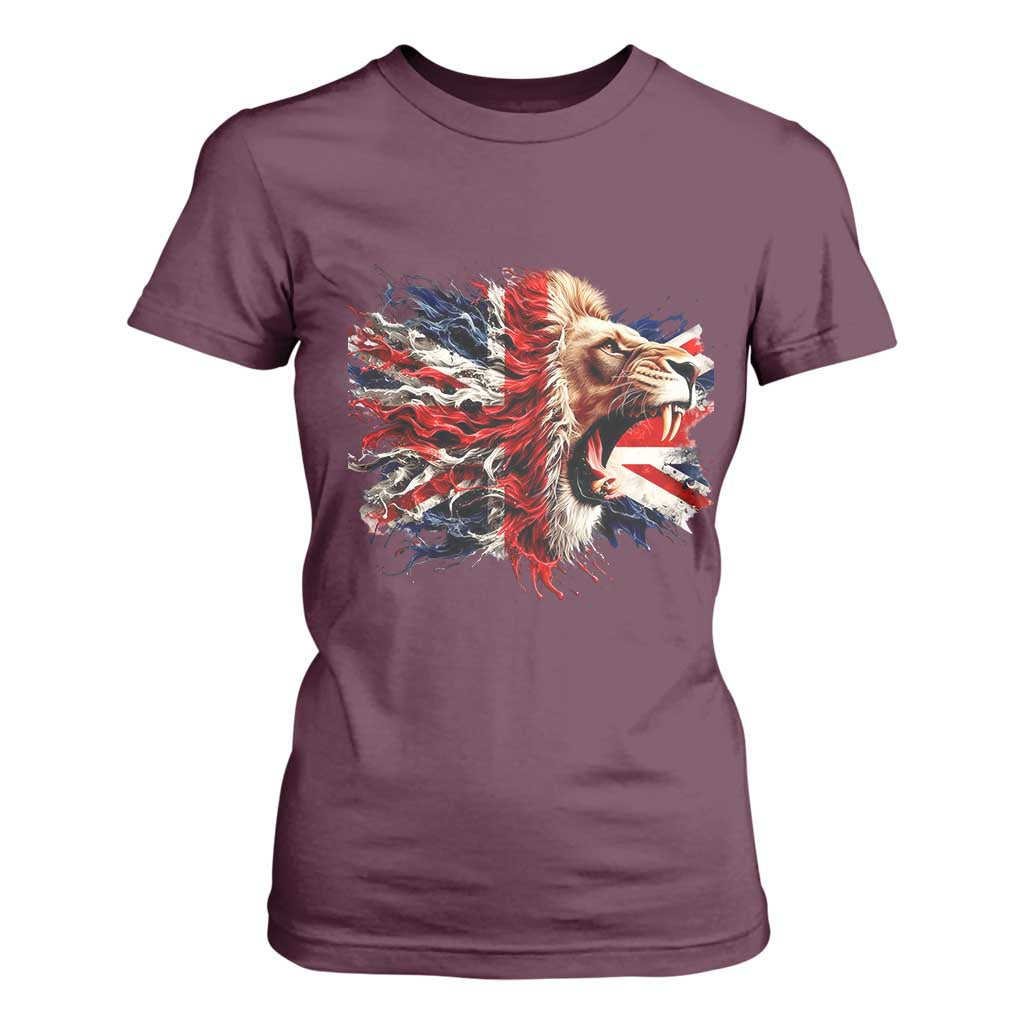 Roaring British Lion Flag T Shirt For Women Union Jack UK Pride TS02 Maroon Print Your Wear