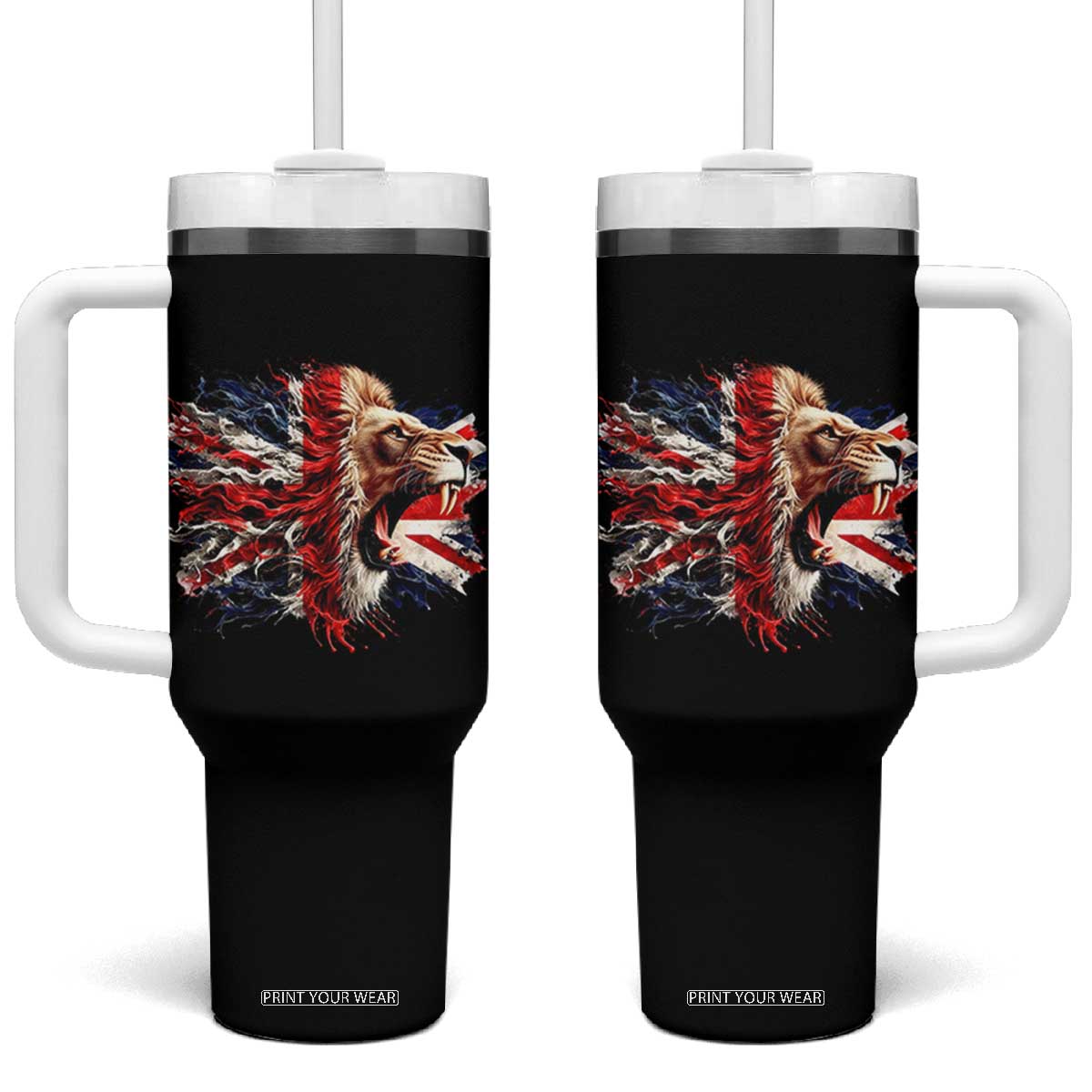 Roaring British Lion Flag Tumbler With Handle Union Jack UK Pride TS02 One Size: 40 oz Black Print Your Wear