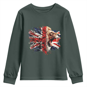 Roaring British Lion Flag Youth Sweatshirt Union Jack UK Pride TS02 Dark Forest Green Print Your Wear