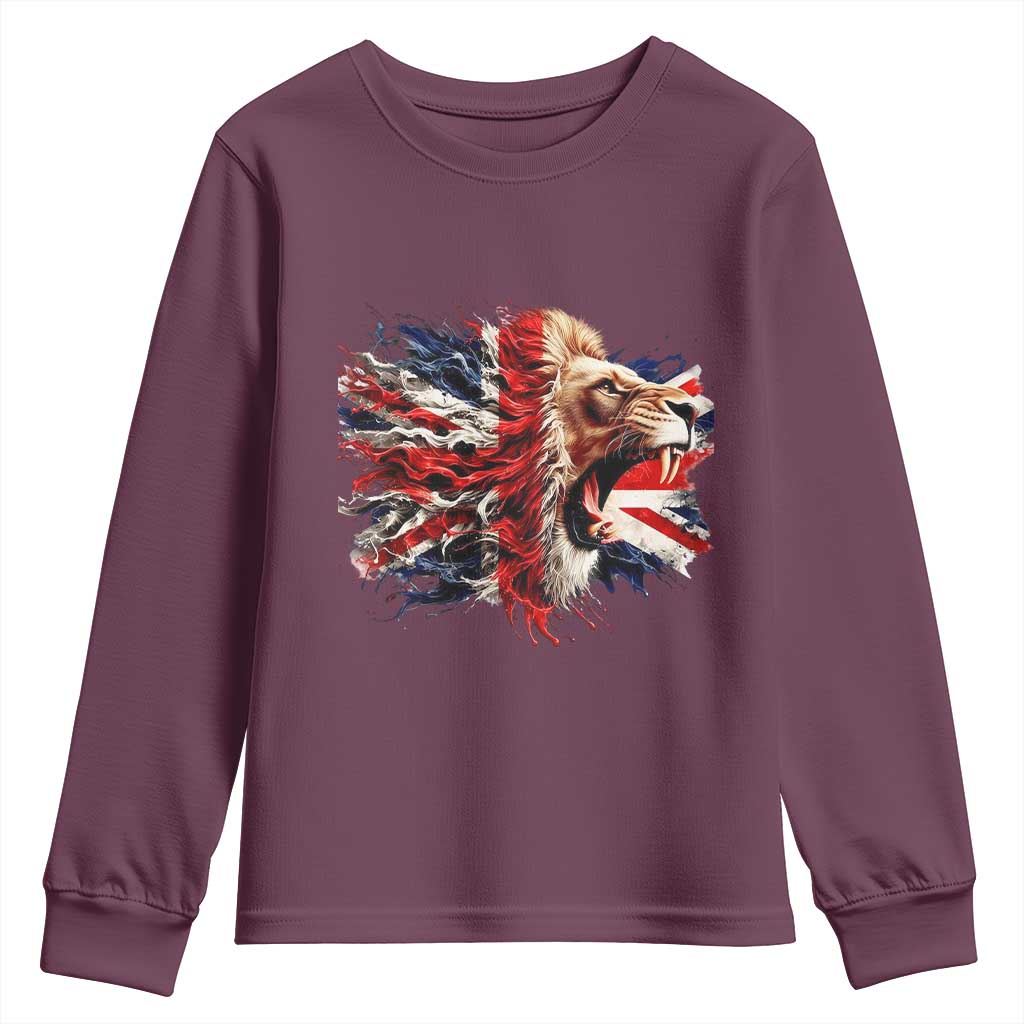 Roaring British Lion Flag Youth Sweatshirt Union Jack UK Pride TS02 Maroon Print Your Wear