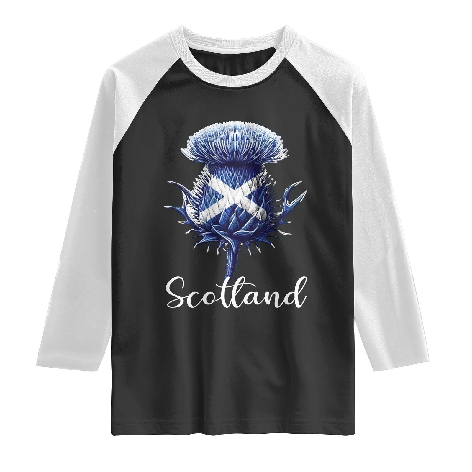 Scotland Thistle Floral Emblem Saltire Flag Raglan Shirt Patriotic Scottish Heritage TS02 Black White Print Your Wear