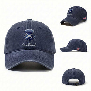 Scotland Thistle Floral Emblem Saltire Flag Washed Cotton Baseball Cap Patriotic Scottish Heritage