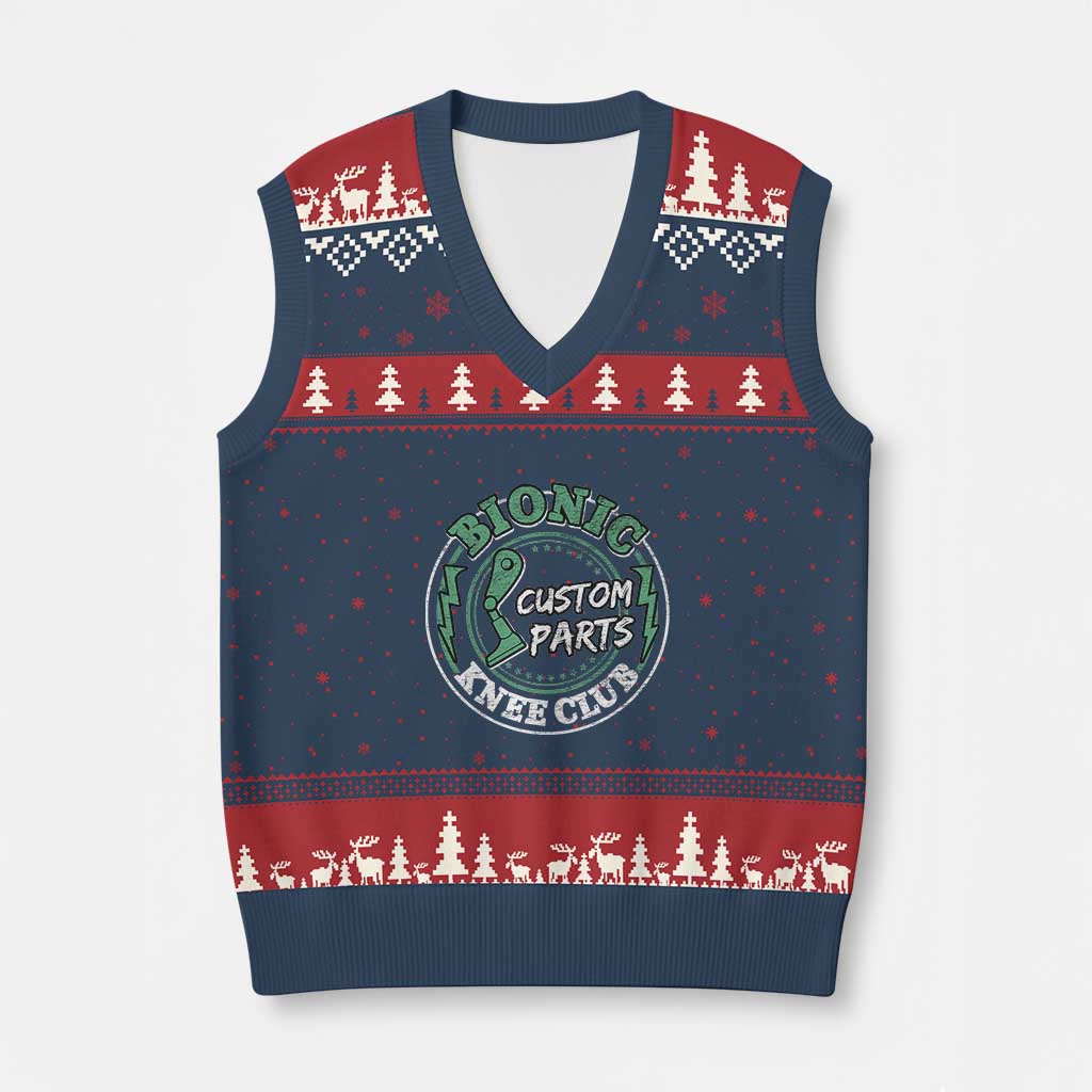 Funny Knee Replacement Survivor V-Neck Knit Sweater Vest Bionic Knee Club Custom Parts TS02 Navy Red Print Your Wear