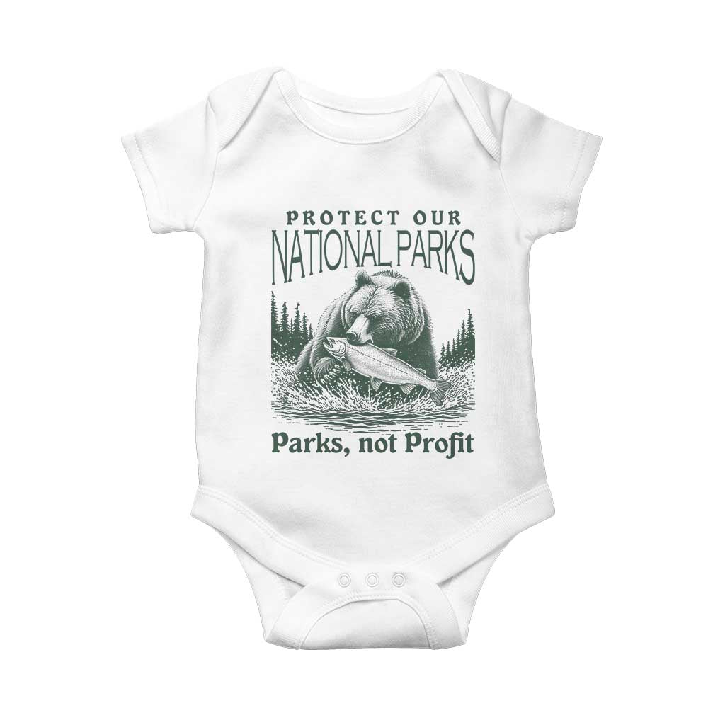 Protect Our National Parks Baby Onesie Parks Not Profits Retro Bear Nature Graphic TS02 White Print Your Wear