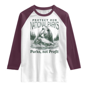 Protect Our National Parks Raglan Shirt Parks Not Profits Retro Bear Nature Graphic TS02 White Maroon Print Your Wear