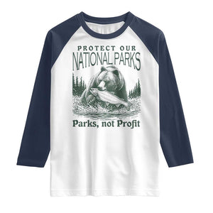 Protect Our National Parks Raglan Shirt Parks Not Profits Retro Bear Nature Graphic TS02 White Navy Print Your Wear