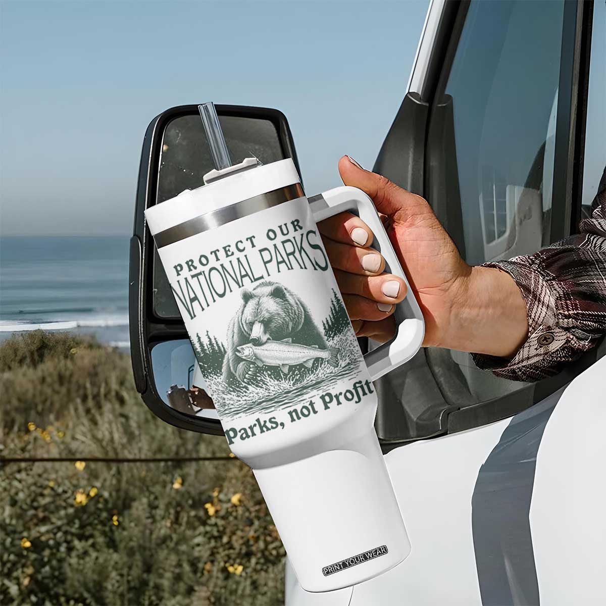 Protect Our National Parks Tumbler With Handle Parks Not Profits Retro Bear Nature Graphic TS02 Print Your Wear