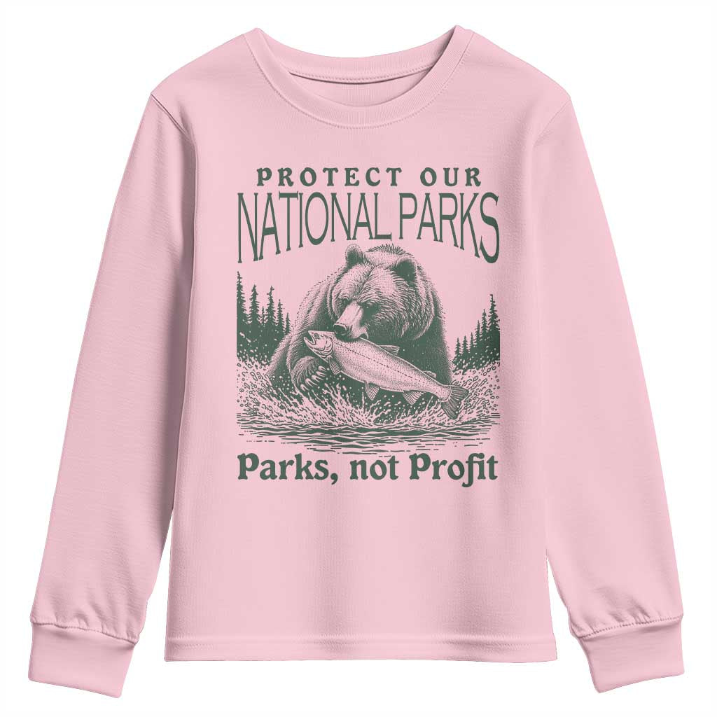 Protect Our National Parks Youth Sweatshirt Parks Not Profits Retro Bear Nature Graphic TS02 Light Pink Print Your Wear