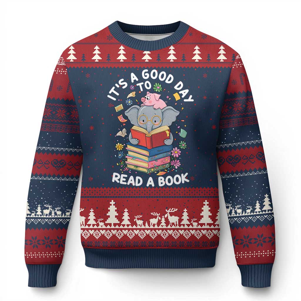 Its A Good Day To Read Book Ugly Christmas Sweater Cute Elephant Reading Across America TS02 Navy Red Print Your Wear