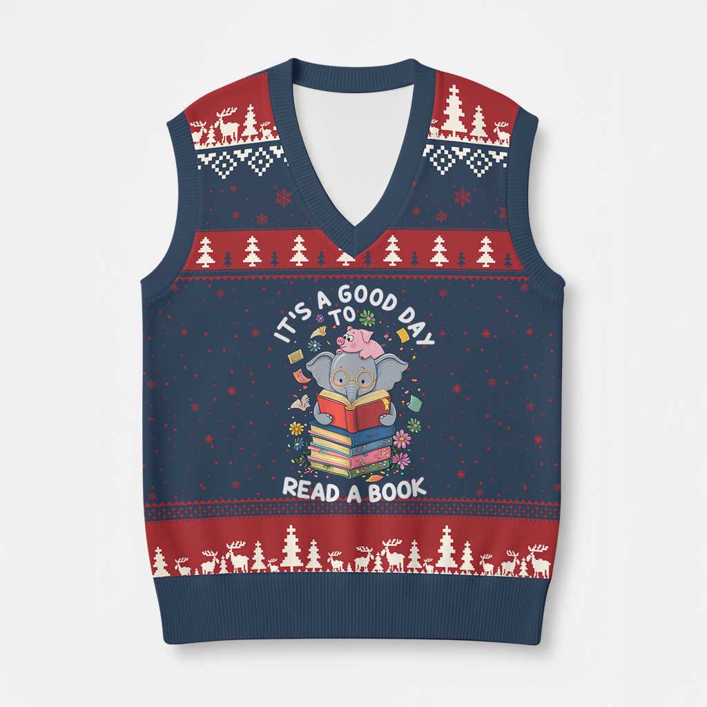 Its A Good Day To Read Book V-Neck Knit Sweater Vest Cute Elephant Reading Across America TS02 Navy Red Print Your Wear