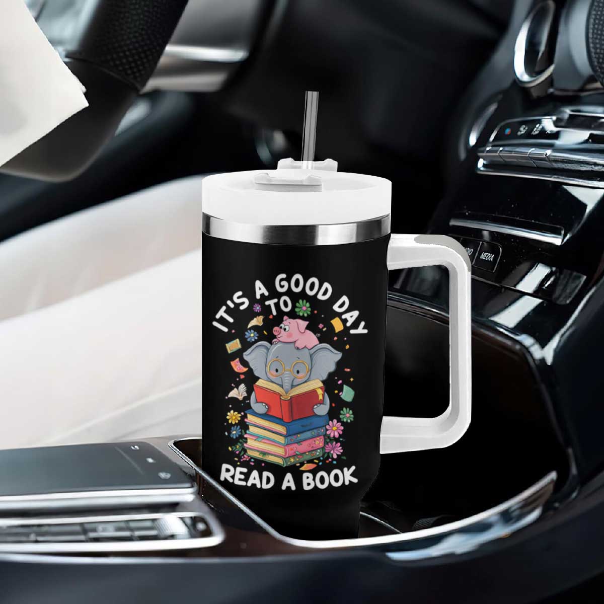 Its A Good Day To Read Book Tumbler With Handle Cute Elephant Reading Across America TS02 Print Your Wear