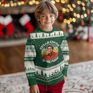Cesar Chavez Ugly Christmas Sweater Si Se Puede Mexican Hispanic Heritage Month Vintage TS02 Forest Green Beige Print Your Wear