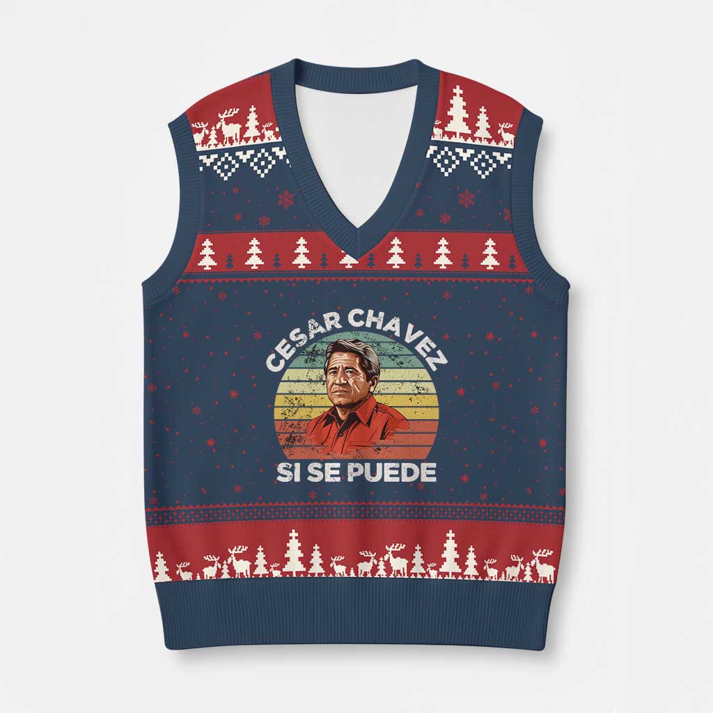 Cesar Chavez V-Neck Knit Sweater Vest Si Se Puede Mexican Hispanic Heritage Month Vintage TS02 Navy Red Print Your Wear