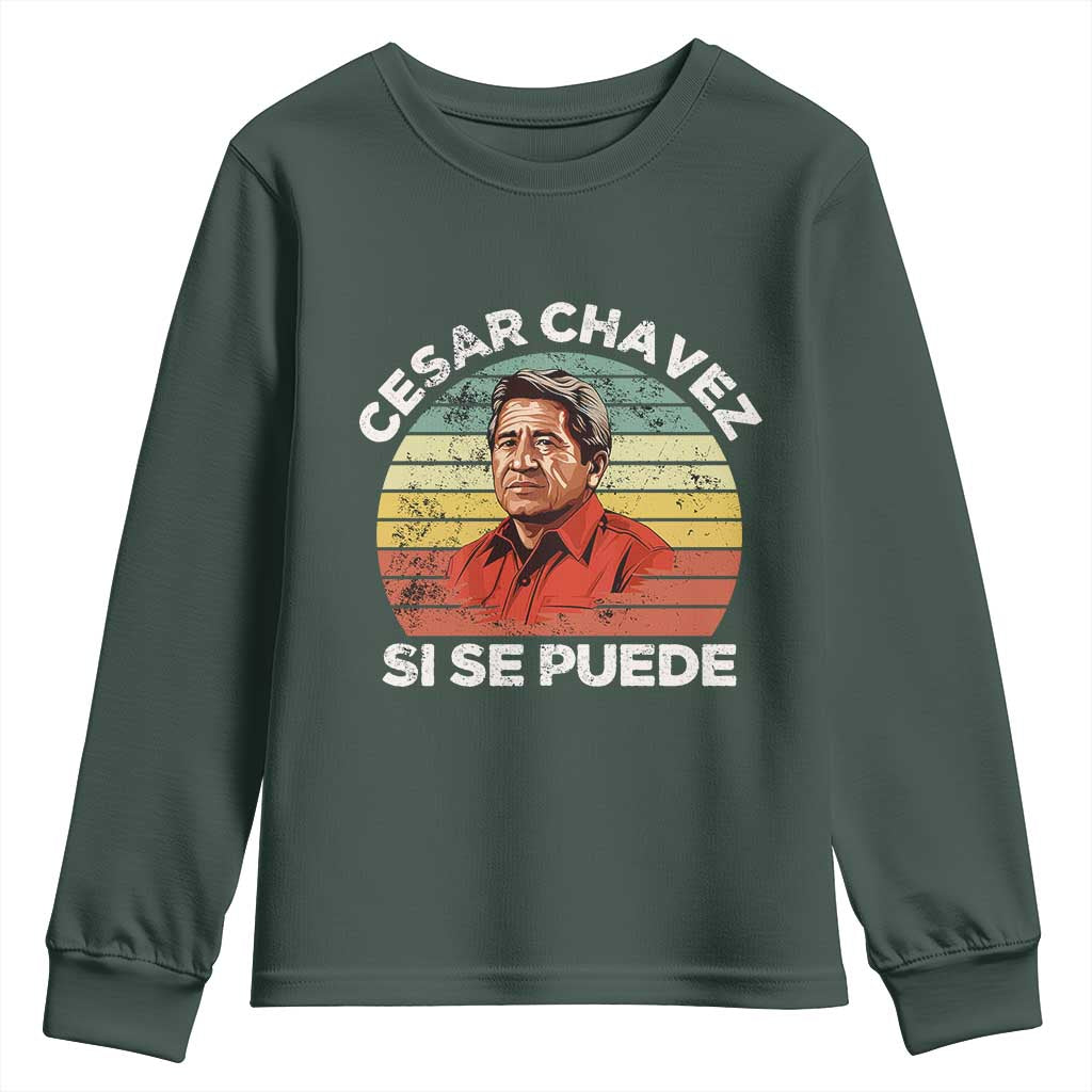 Cesar Chavez Youth Sweatshirt Si Se Puede Mexican Hispanic Heritage Month Vintage TS02 Dark Forest Green Print Your Wear