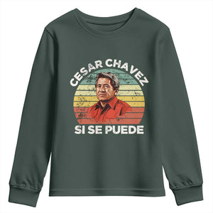 Cesar Chavez Youth Sweatshirt Si Se Puede Mexican Hispanic Heritage Month Vintage TS02 Dark Forest Green Print Your Wear