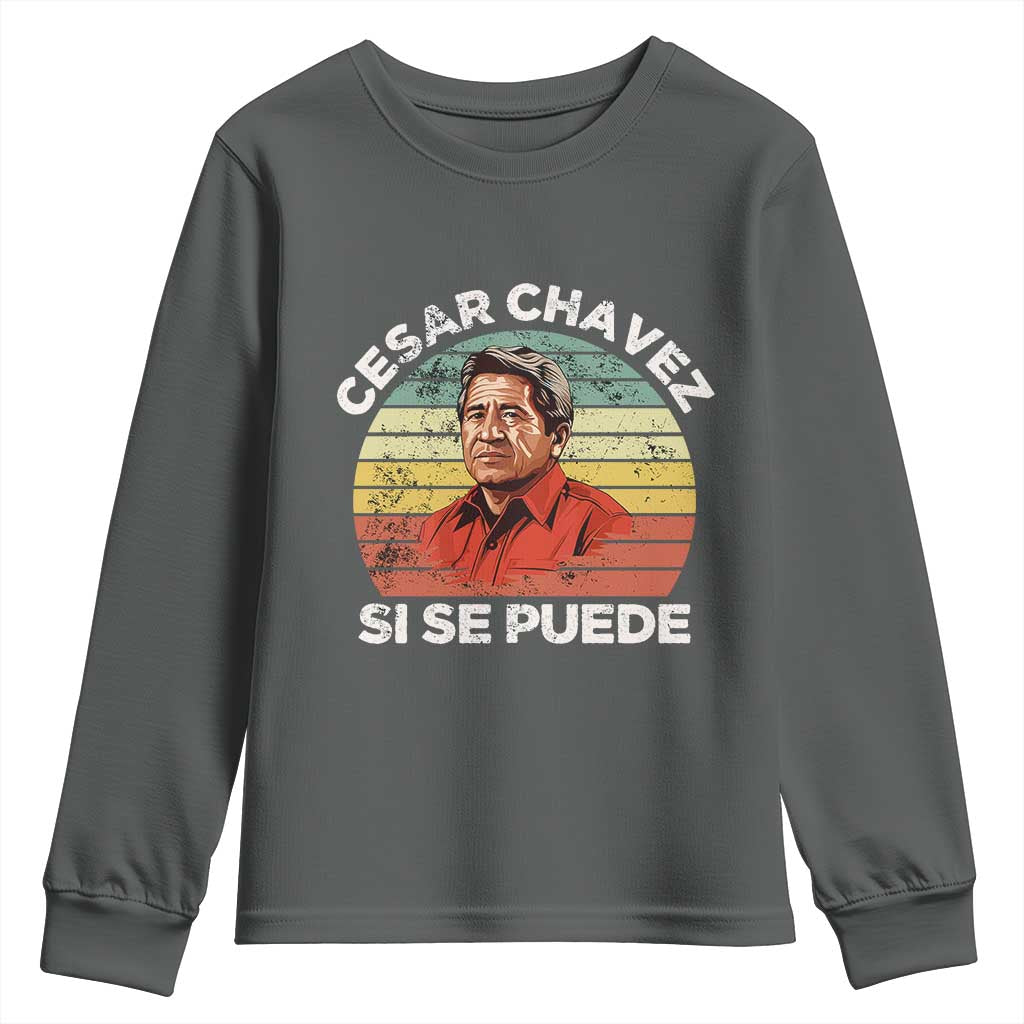 Cesar Chavez Youth Sweatshirt Si Se Puede Mexican Hispanic Heritage Month Vintage TS02 Dark Heather Print Your Wear