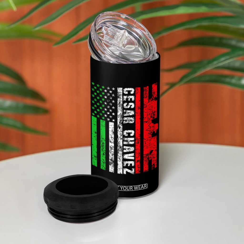 Cesar Chavez 4 in 1 Can Cooler Tumbler American Mexican Flag Patriotic Mexico Distressed TS02 Print Your Wear