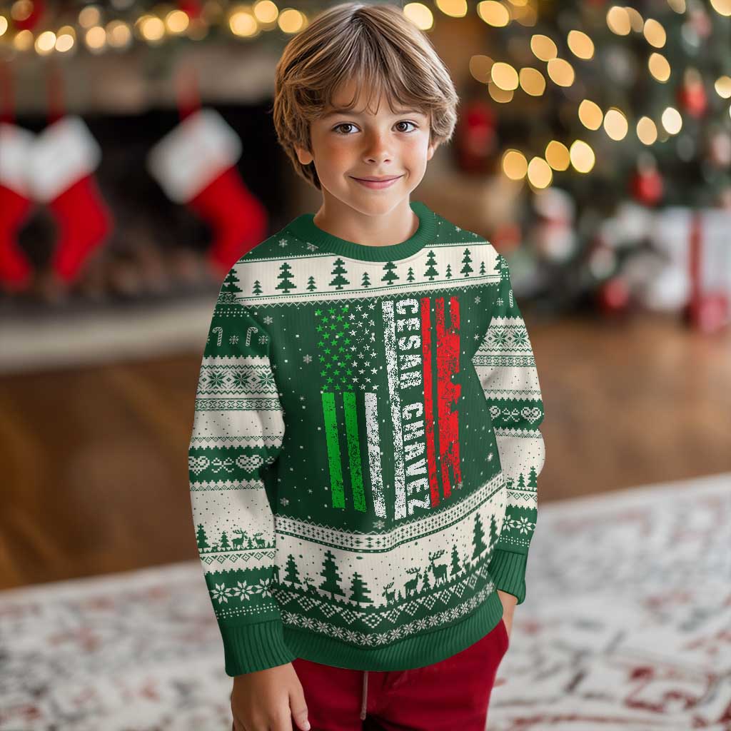 Cesar Chavez Ugly Christmas Sweater American Mexican Flag Patriotic Mexico Distressed TS02 Forest Green Beige Print Your Wear