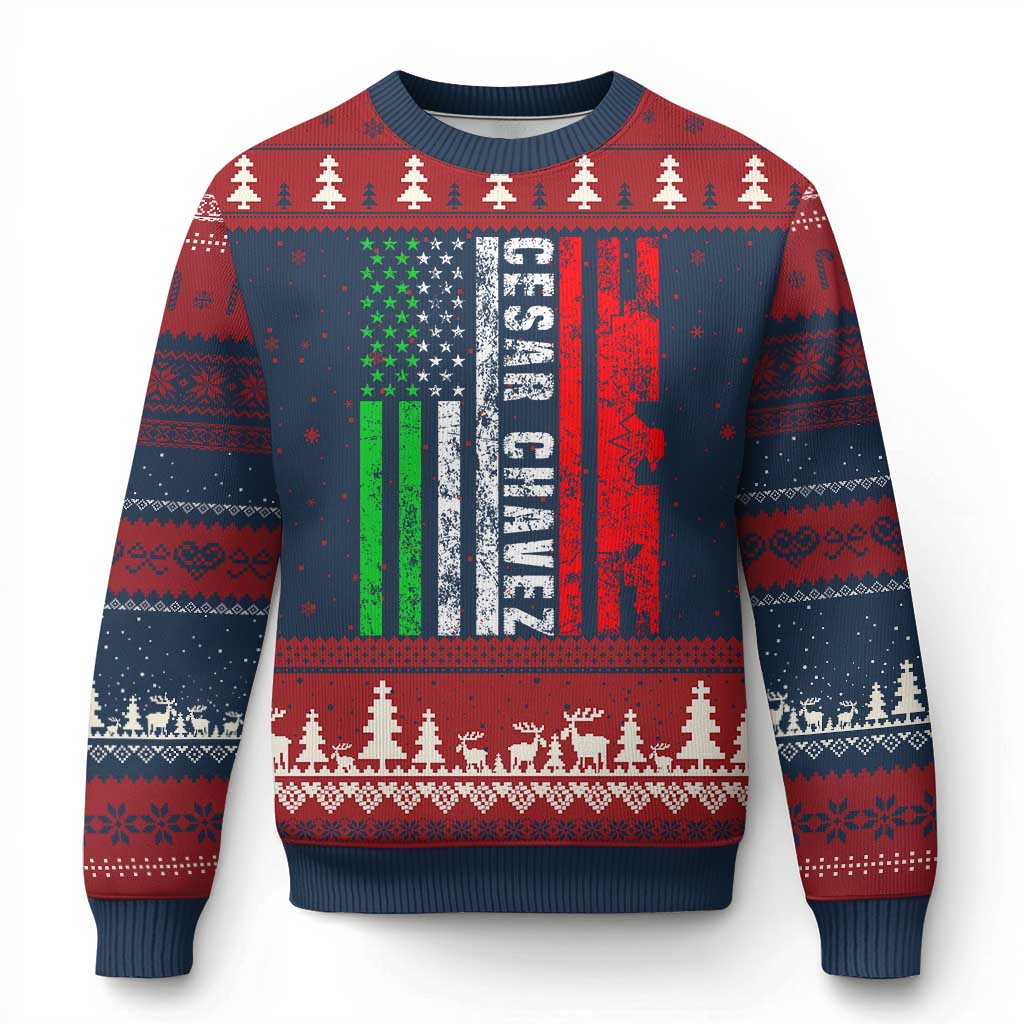 Cesar Chavez Ugly Christmas Sweater American Mexican Flag Patriotic Mexico Distressed TS02 Navy Red Print Your Wear