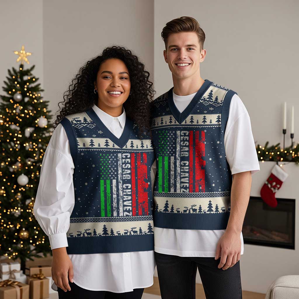 Cesar Chavez V-Neck Knit Sweater Vest American Mexican Flag Patriotic Mexico Distressed TS02 Navy Beige Print Your Wear