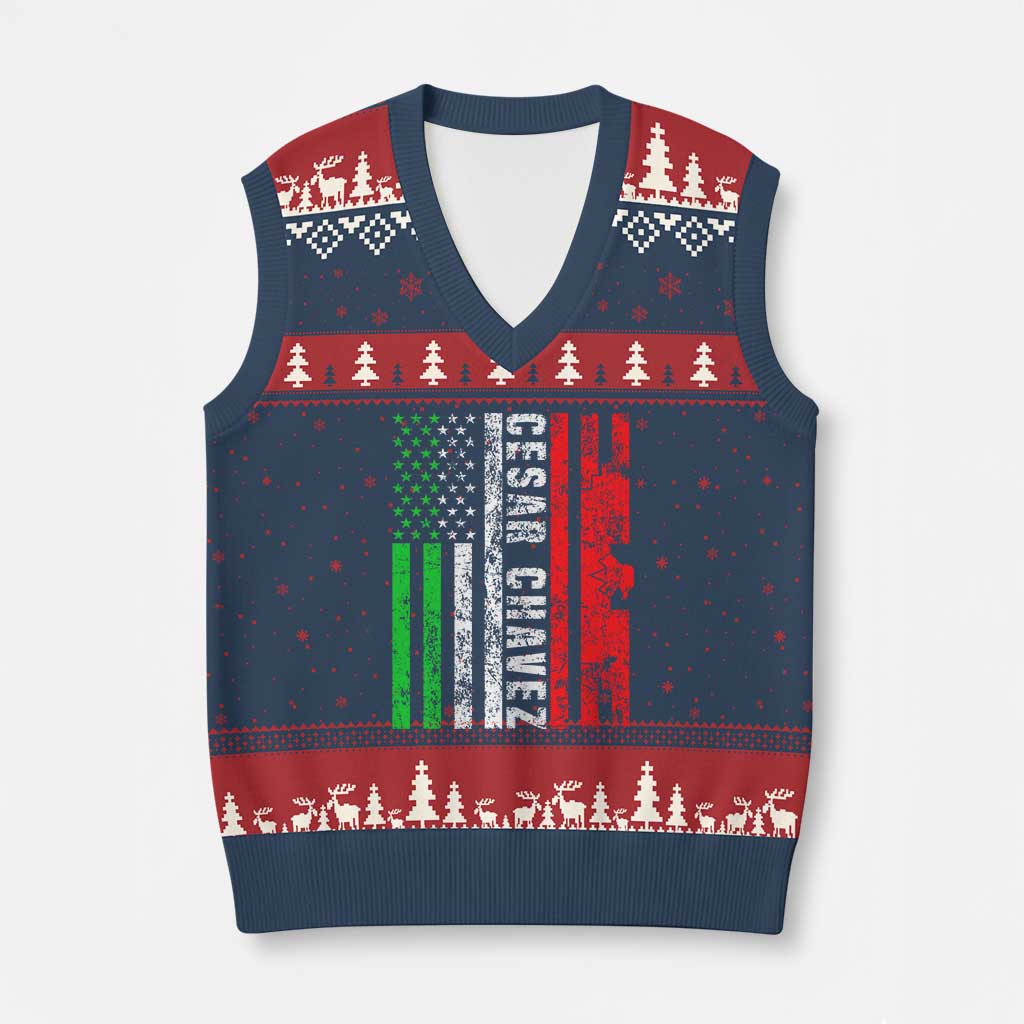 Cesar Chavez V-Neck Knit Sweater Vest American Mexican Flag Patriotic Mexico Distressed TS02 Navy Red Print Your Wear