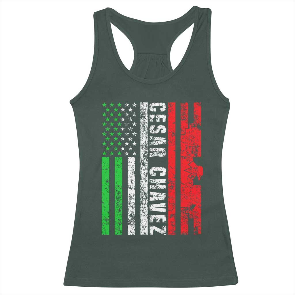 Cesar Chavez Racerback Tank Top American Mexican Flag Patriotic Mexico Distressed TS02 Dark Forest Green Print Your Wear