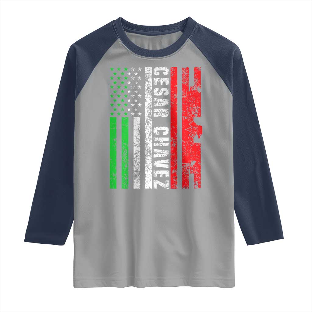 Cesar Chavez Raglan Shirt American Mexican Flag Patriotic Mexico Distressed TS02 Sport Gray Navy Print Your Wear