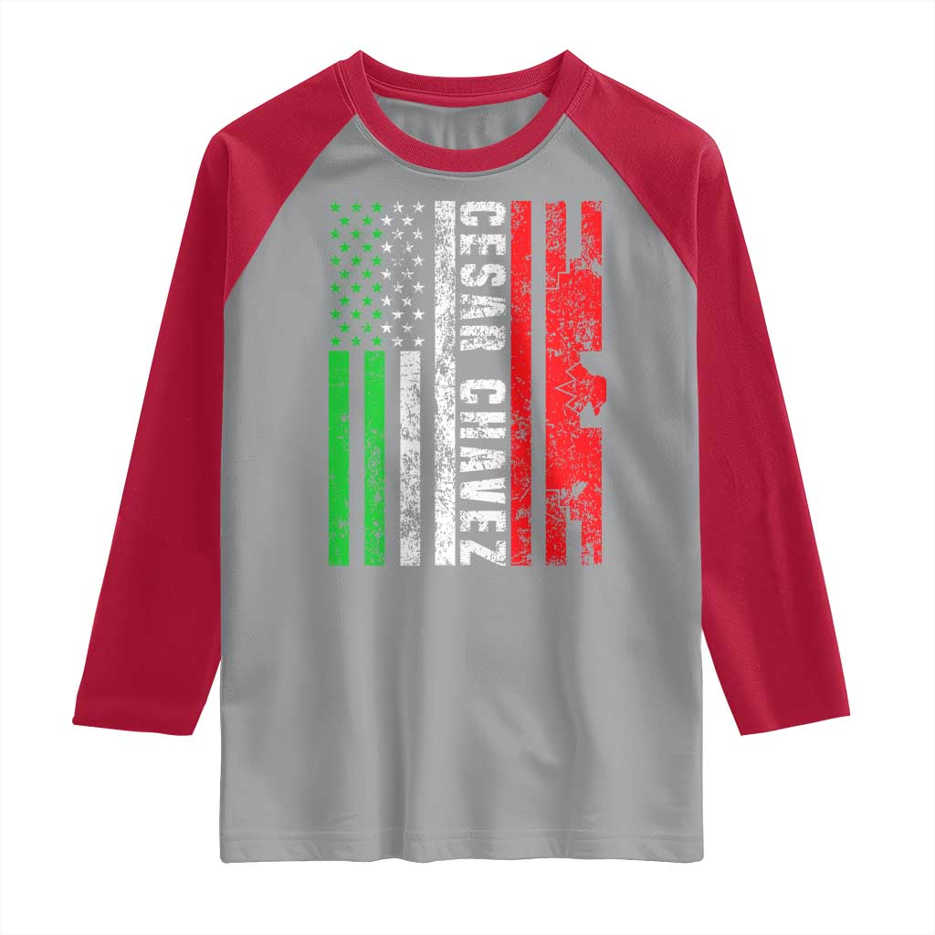 Cesar Chavez Raglan Shirt American Mexican Flag Patriotic Mexico Distressed TS02 Sport Gray Red Print Your Wear
