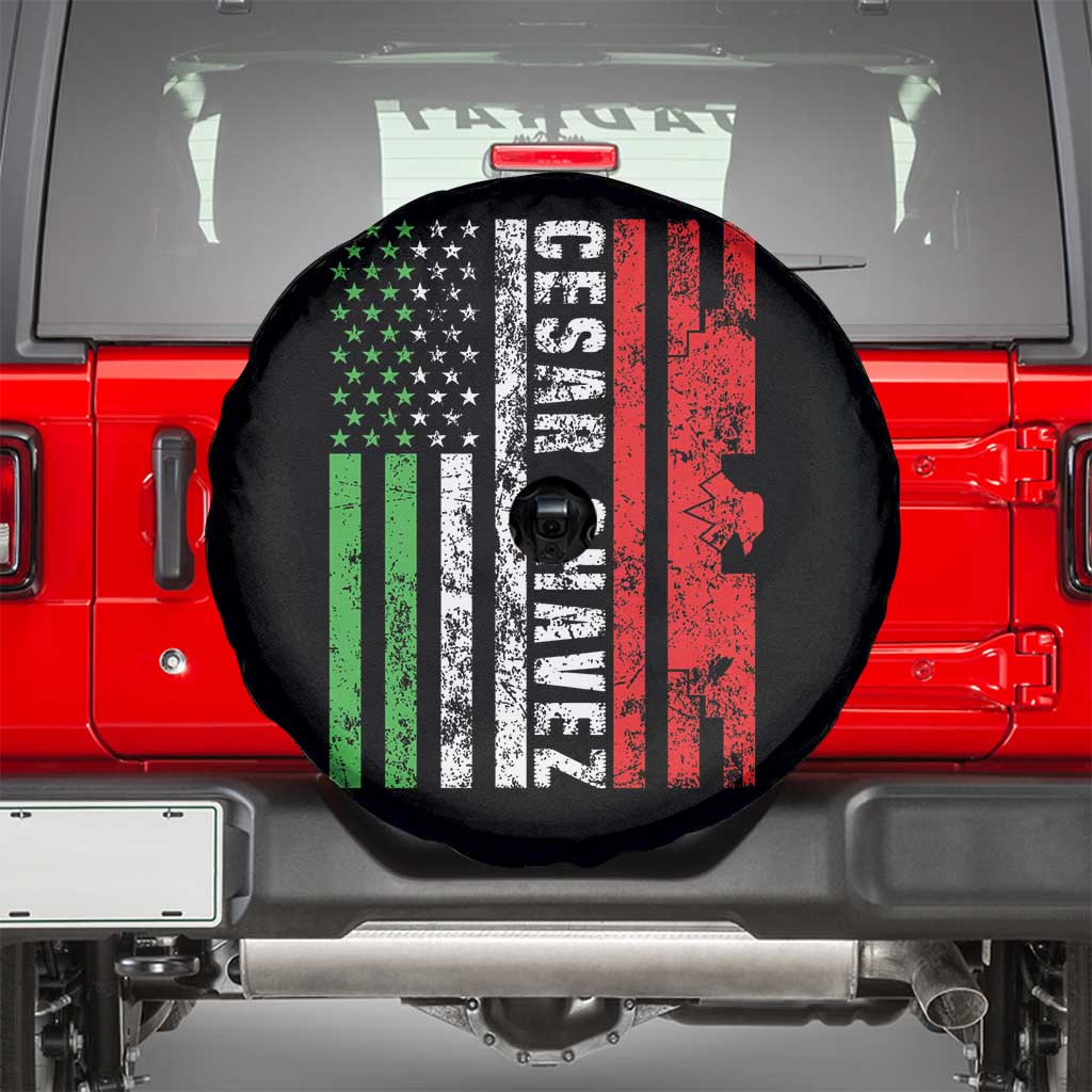 Cesar Chavez Spare Tire Cover American Mexican Flag Patriotic Mexico Distressed TS02 Black Print Your Wear