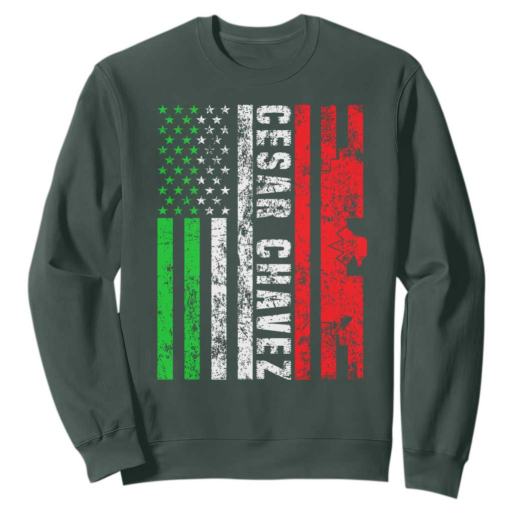 Cesar Chavez Sweatshirt American Mexican Flag Patriotic Mexico Distressed TS02 Dark Forest Green Print Your Wear