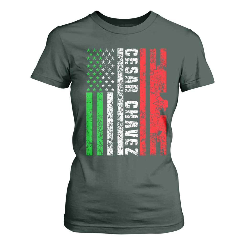 Cesar Chavez T Shirt For Women American Mexican Flag Patriotic Mexico Distressed TS02 Dark Forest Green Print Your Wear