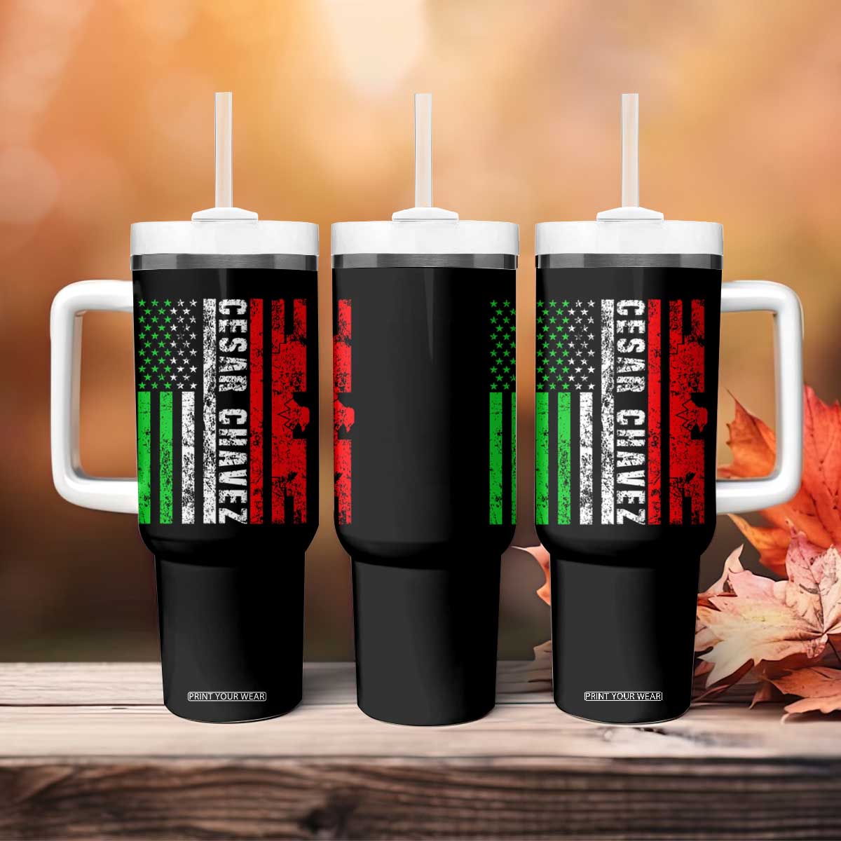 Cesar Chavez Tumbler With Handle American Mexican Flag Patriotic Mexico Distressed TS02 Print Your Wear
