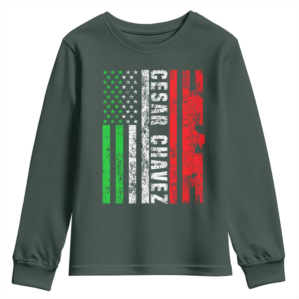 Cesar Chavez Youth Sweatshirt American Mexican Flag Patriotic Mexico Distressed TS02 Dark Forest Green Print Your Wear