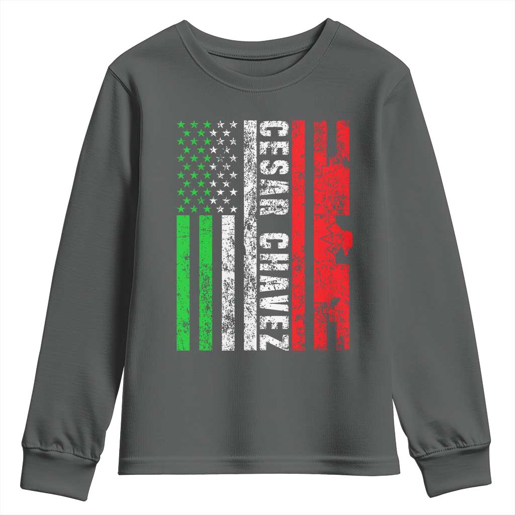 Cesar Chavez Youth Sweatshirt American Mexican Flag Patriotic Mexico Distressed TS02 Dark Heather Print Your Wear