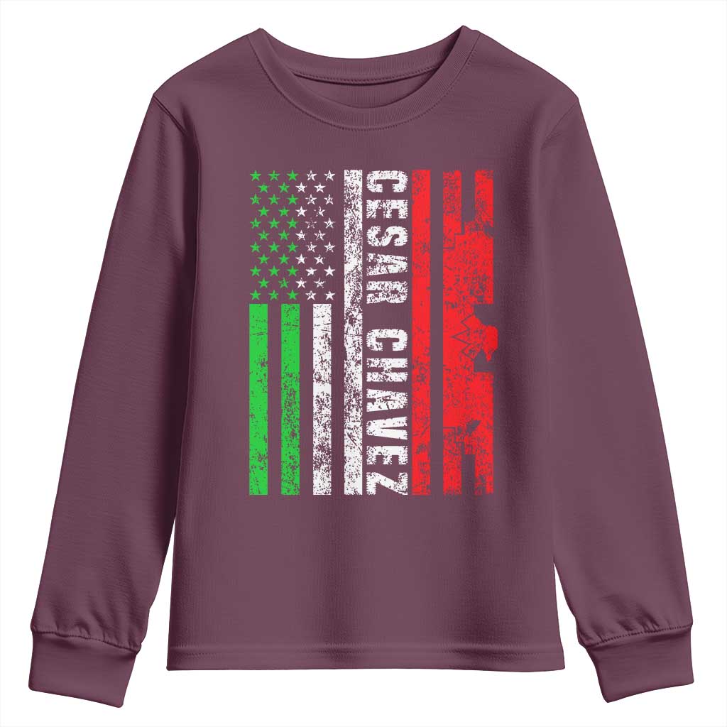 Cesar Chavez Youth Sweatshirt American Mexican Flag Patriotic Mexico Distressed TS02 Maroon Print Your Wear