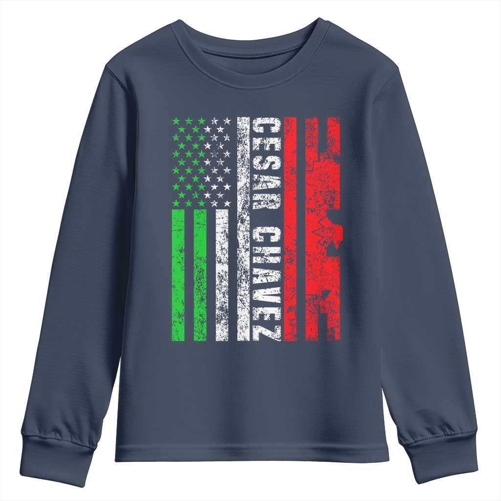 Cesar Chavez Youth Sweatshirt American Mexican Flag Patriotic Mexico Distressed TS02 Navy Print Your Wear