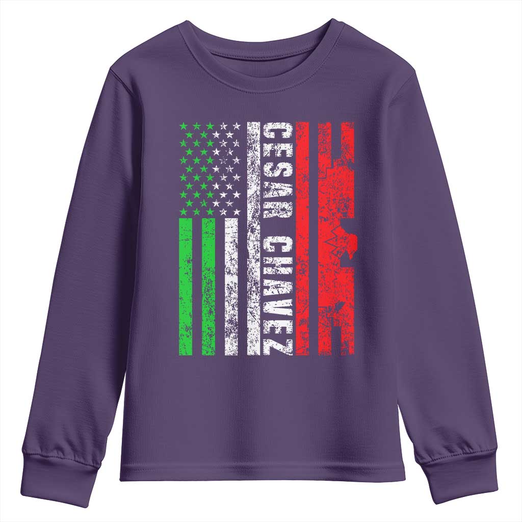 Cesar Chavez Youth Sweatshirt American Mexican Flag Patriotic Mexico Distressed TS02 Purple Print Your Wear