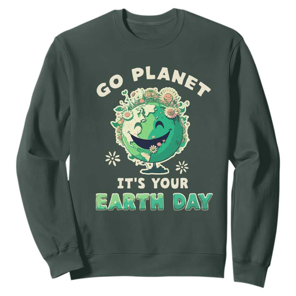 Earth Day Sweatshirt Go Planet It's Your Birthday Retro Groovy TS02 Dark Forest Green Printyourwear