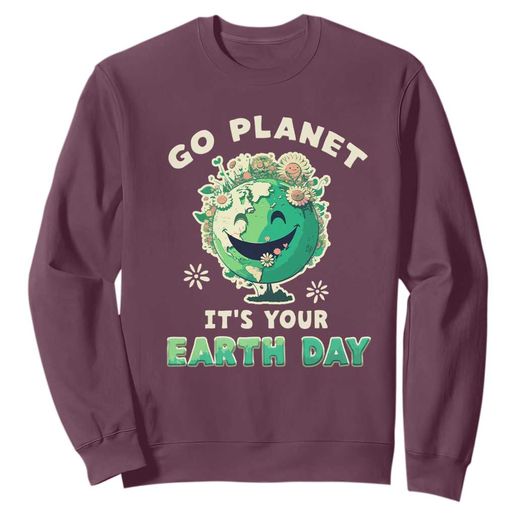 Earth Day Sweatshirt Go Planet It's Your Birthday Retro Groovy TS02 Maroon Printyourwear