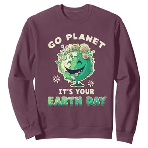 Earth Day Sweatshirt Go Planet It's Your Birthday Retro Groovy TS02 Maroon Printyourwear