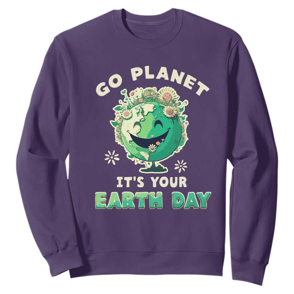 Earth Day Sweatshirt Go Planet It's Your Birthday Retro Groovy TS02 Purple Printyourwear